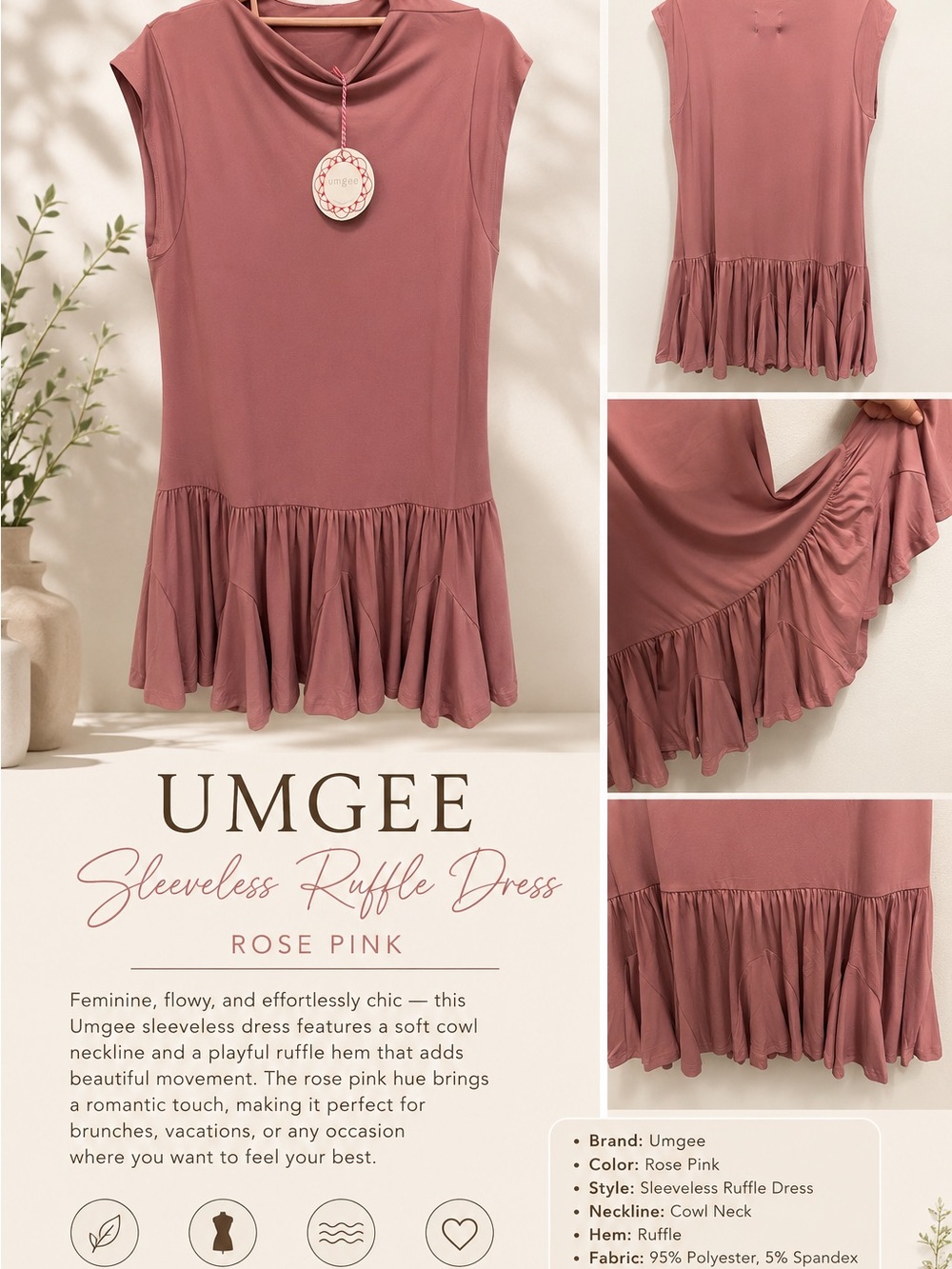 Umgee Dusty Rose Sleeveless Cowl Ruffle Dress
